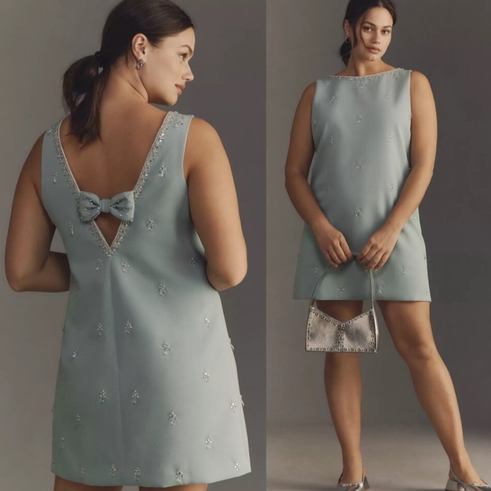 Anthropologie Pale Sage Beaded Mini Dress